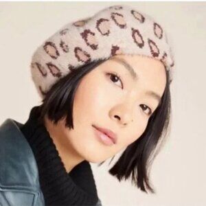 ANTHROPOLOGIE Norla Canda Leopard Print Pom Pom Beret Hat Winter Animal Print